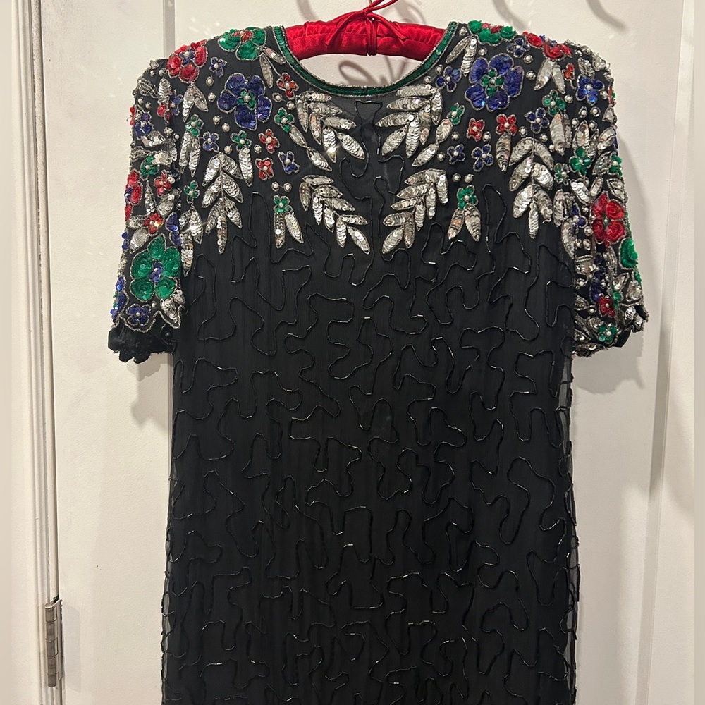 Vintage Elegant Black Silk Dress with Colourful floral beading - Picture 4 of 17